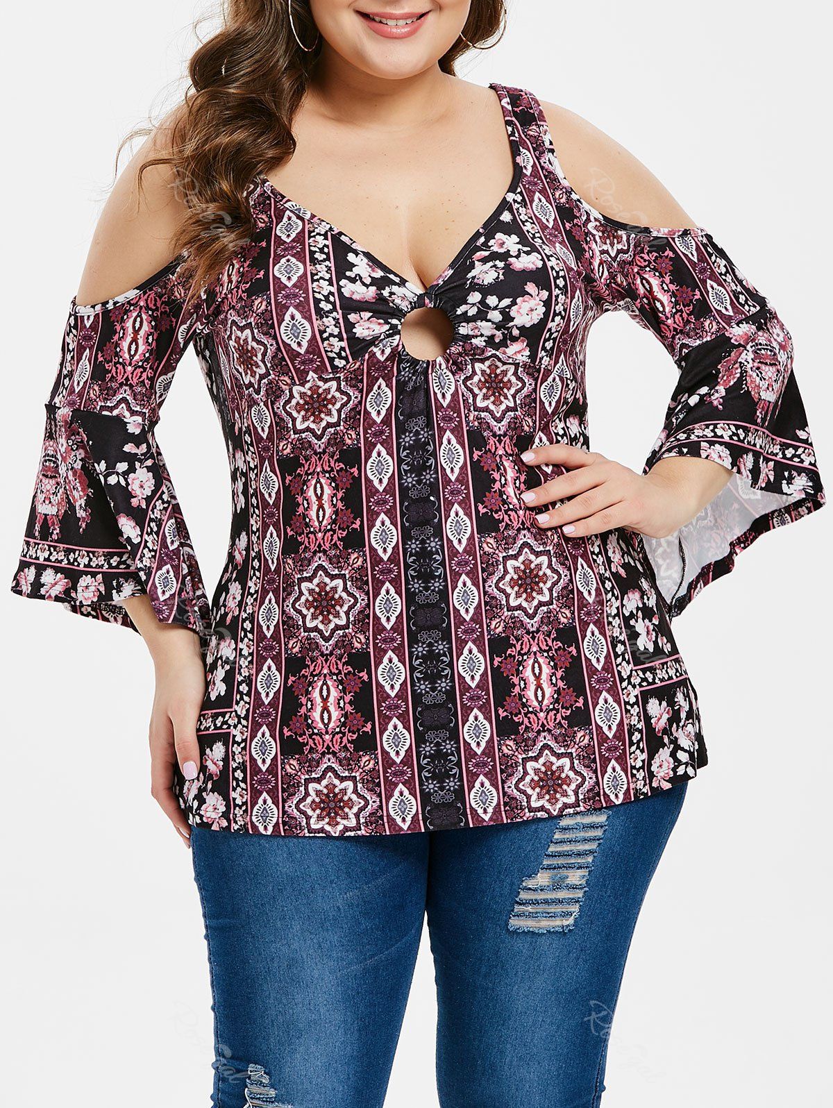 

Cut Out Plus Size Ethnic Print T-shirt, Multi