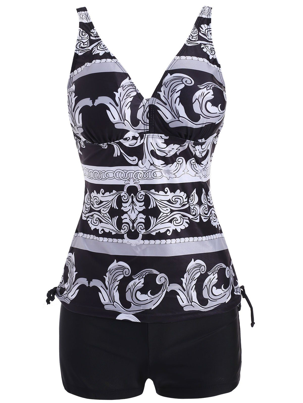 

Ethnic Print Drawstring Tankini Set, Black
