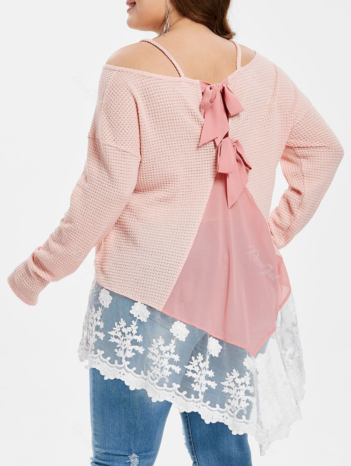 

Plus Size Back Bowknot Mesh Splicing T-shirt, Sakura pink