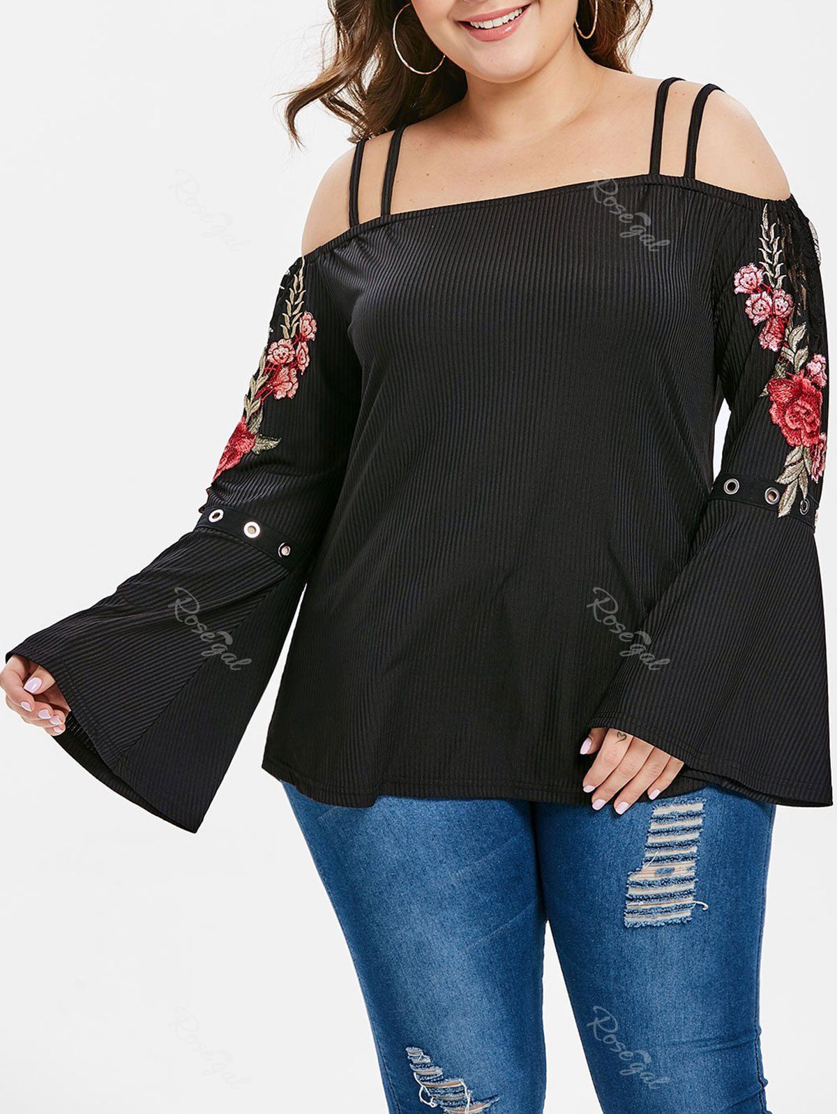 

Plus Size Flare Sleeve Embroidered Open Shoulder Top, Black
