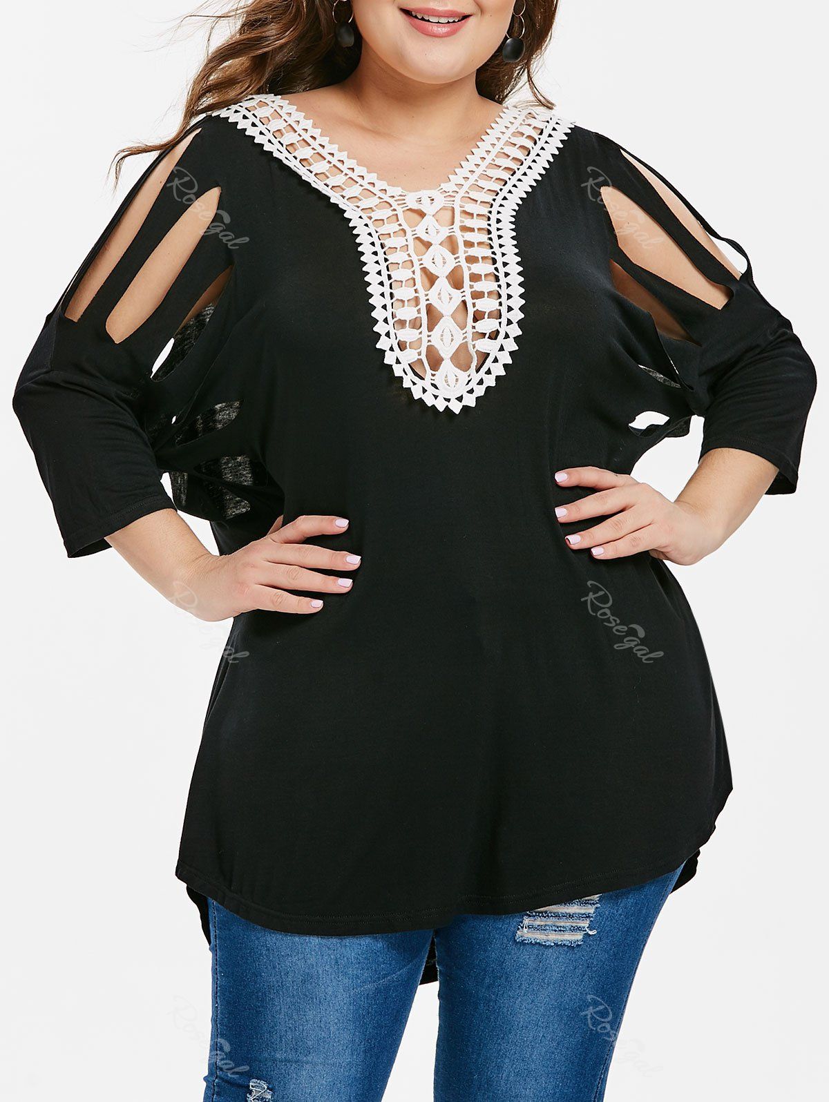 

Plus Size Contrast Lace Ladder Cut Out T-shirt, Black