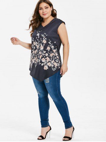 

Asymmetric Plus Size Lace Insert Floral Top, Black