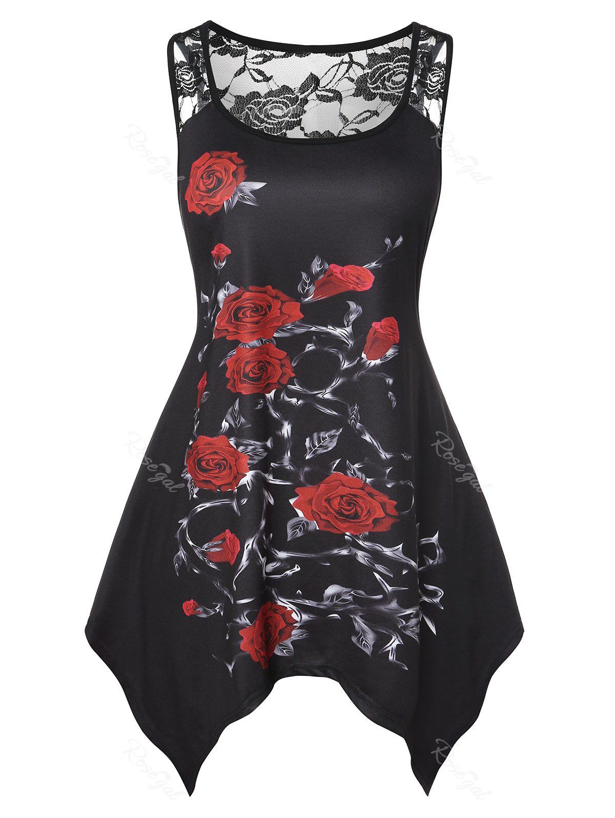 

Plus Size Printed Lace Insert Tank Top, Black
