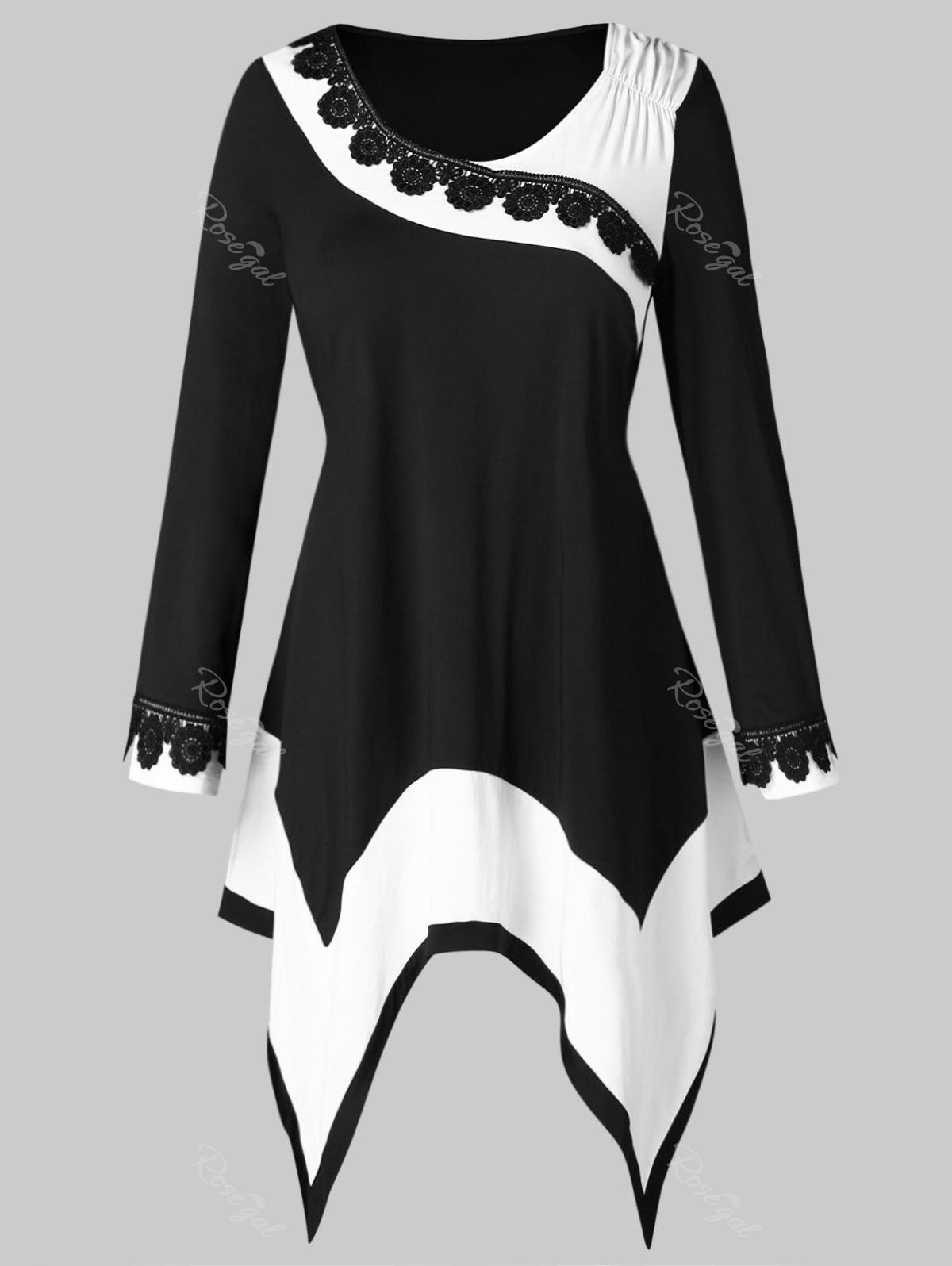 

Plus Size Long Sleeve Contrast Handkerchief T-shirt, Black