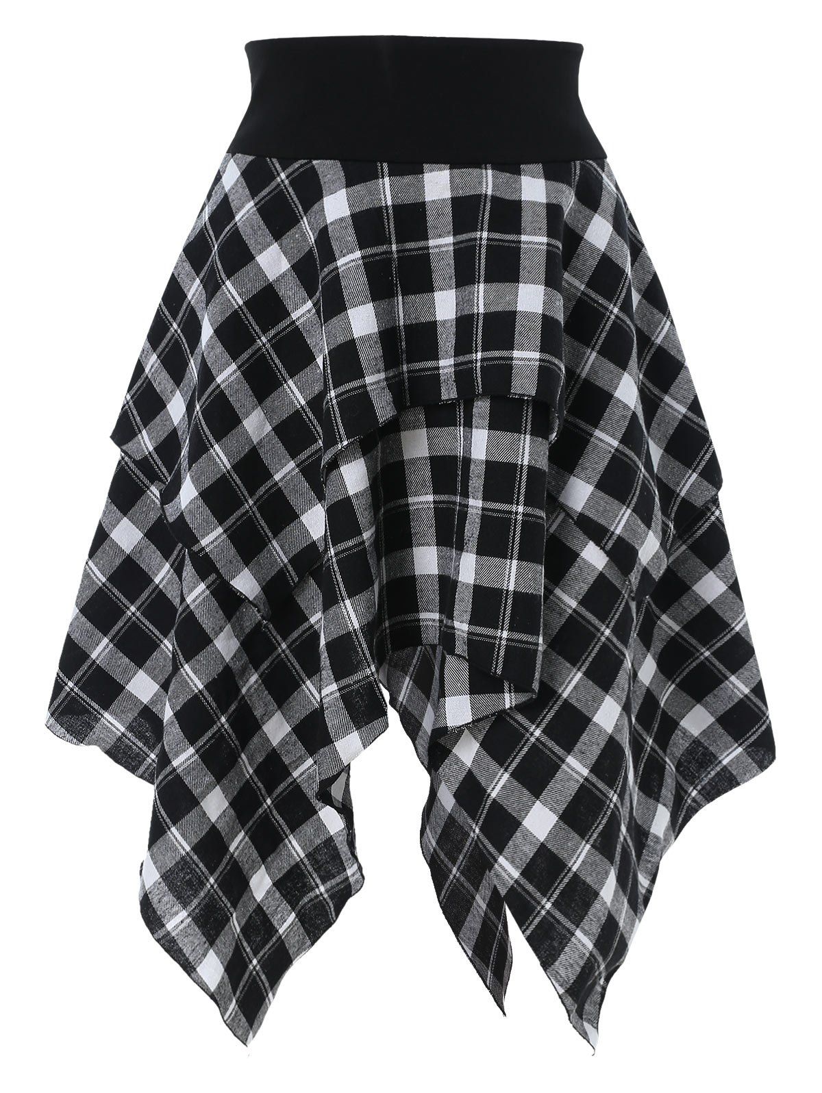 

High Waist Asymmetrical Plaid Skirt, Black