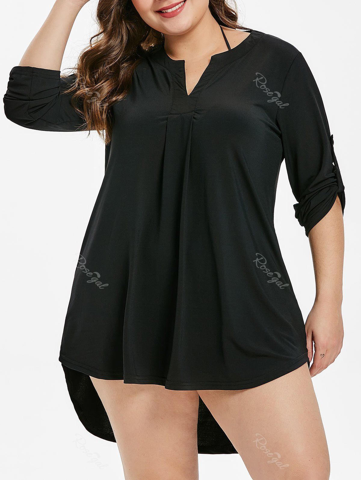 

V Neck Plus Size High Low Cover Up, Black