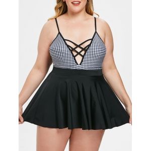 

Plus Size Strappy Front Plaid Plunging Swimwear, Black