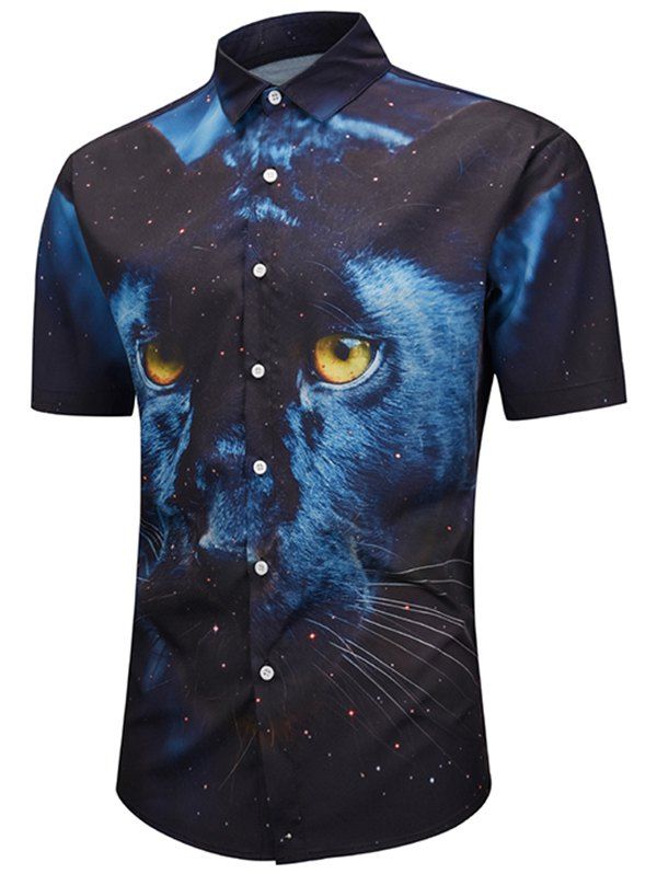 

Wolf Print Short Sleeve Button Up Shirt, Midnight blue