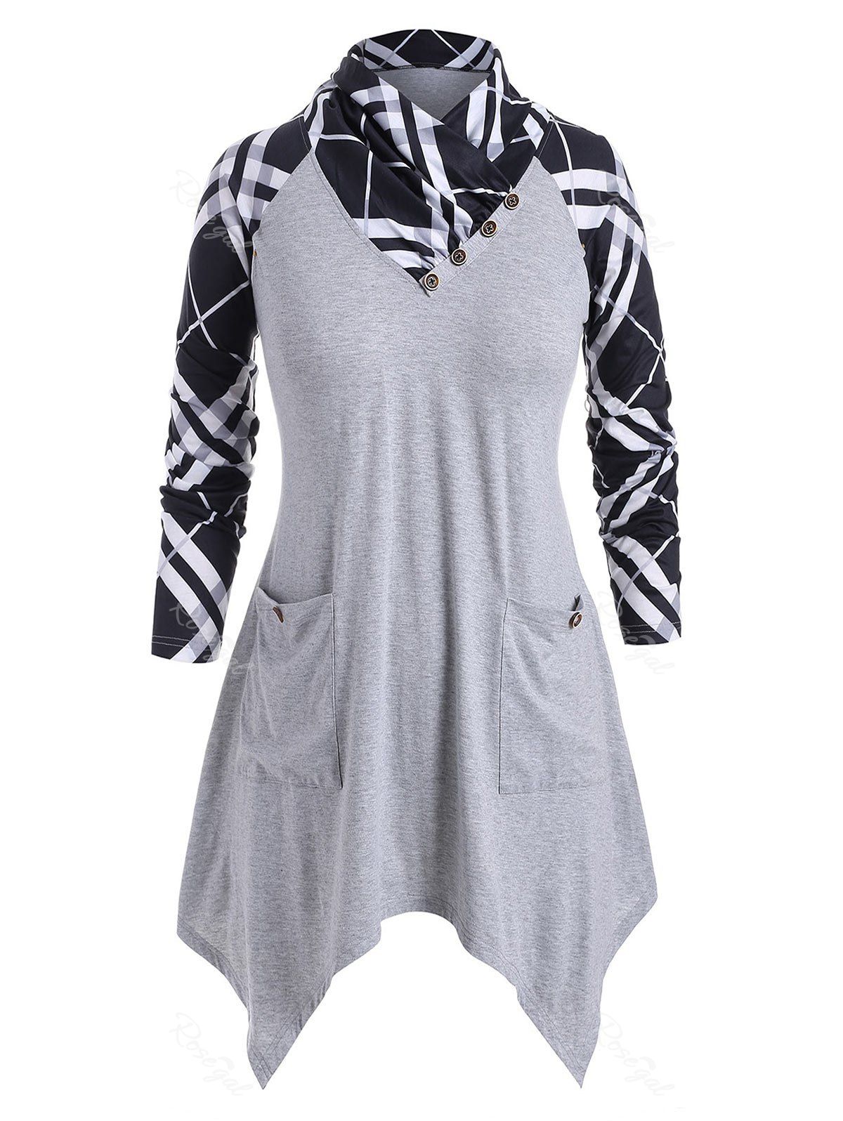 

Plus Size Front Pockets Plaid Print T-shirt, Gray cloud