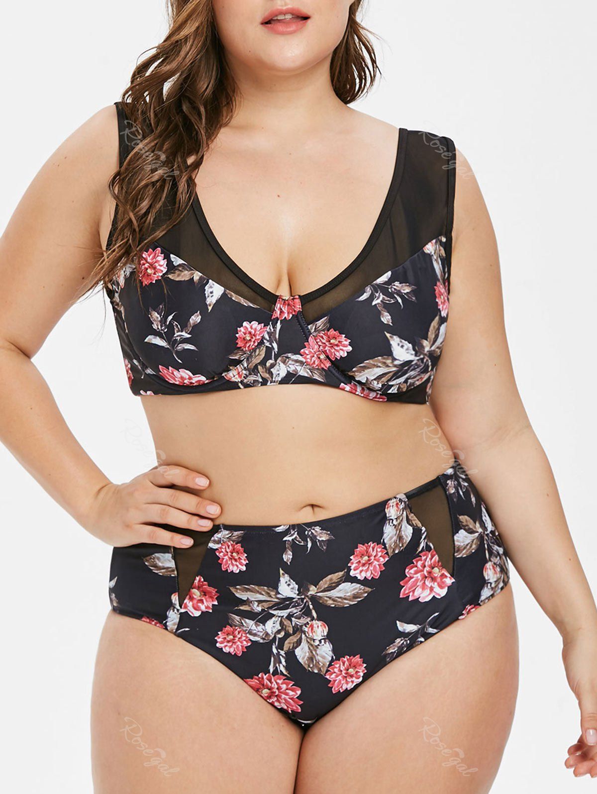 

Floral Print V Neck Plus Size Bikini Set, Black