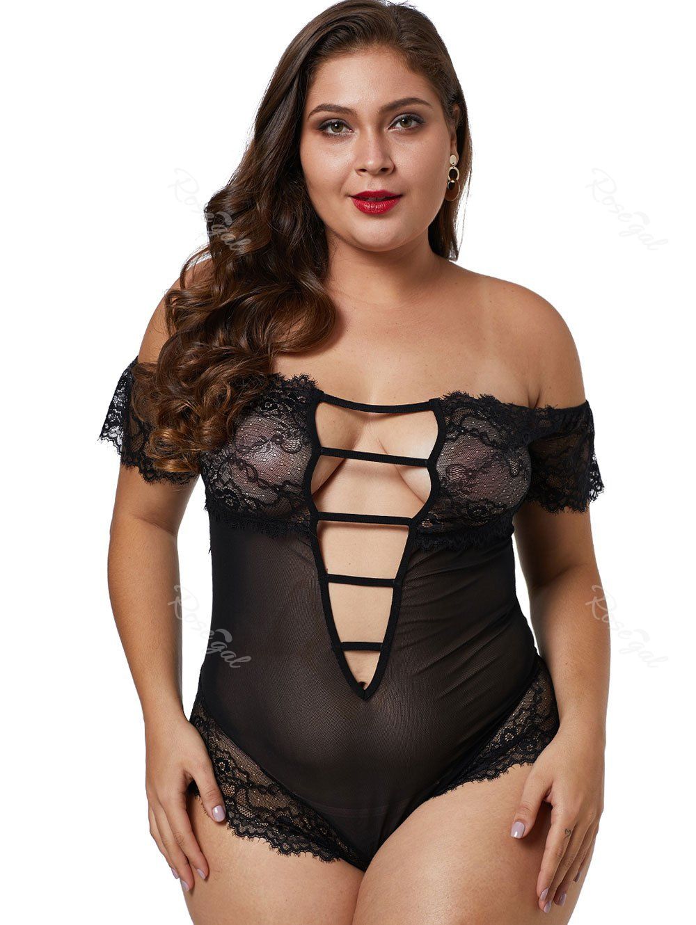 

Ladder Cut Out Plus Size Eyelash Lace Panel Teddy, Black