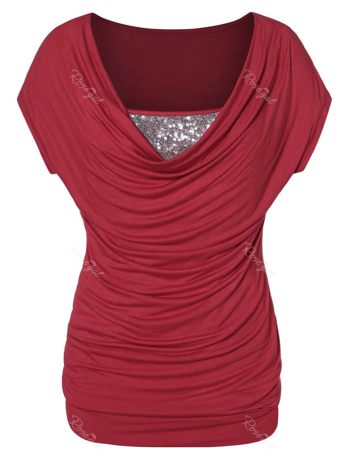 

Plus Size Sequined Cowl Collar T Shirt, Red