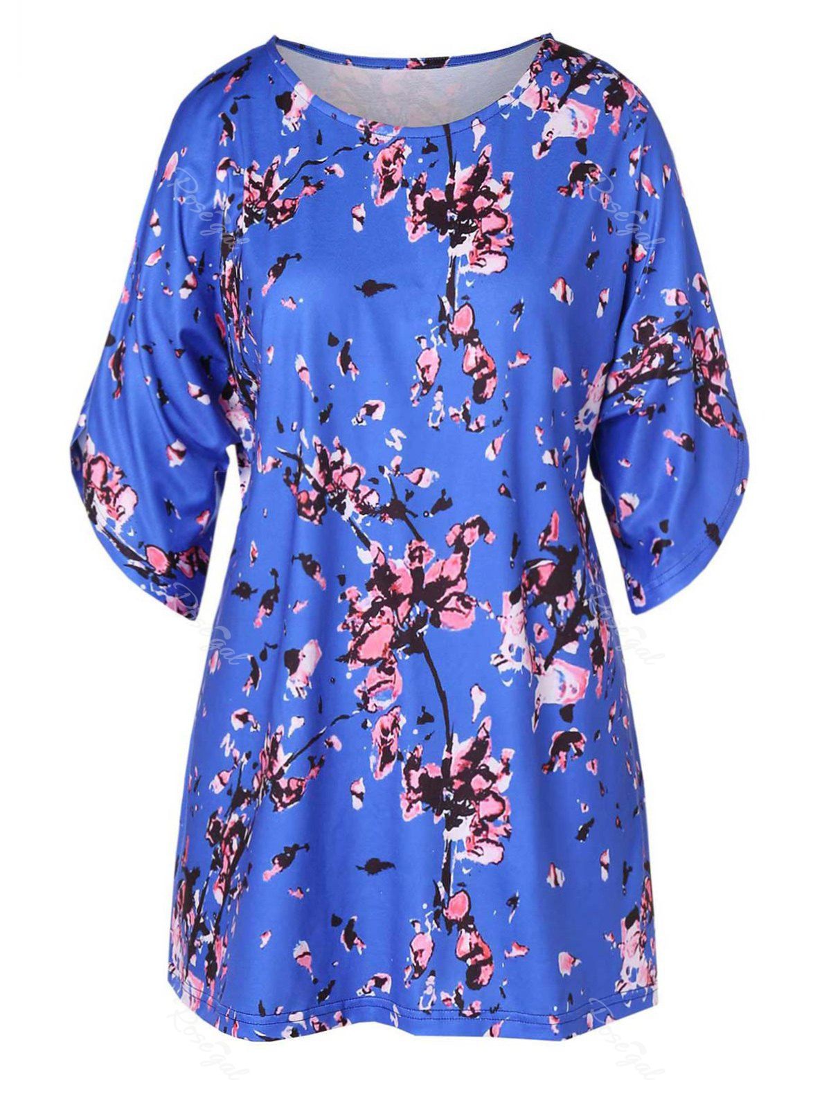 

Peach Blossom Print Plus Size T-shirt, Cobalt blue