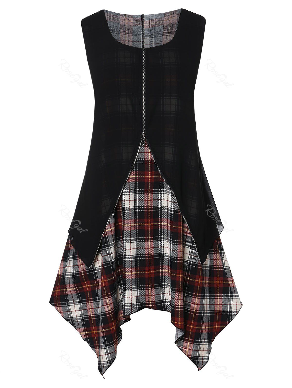 

Plus Size Zippered Plaid Panel Tunic Tank Top, Black
