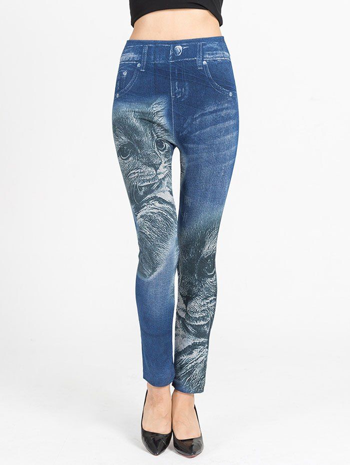 

Cat Print Faux Denim Pants, Denim blue