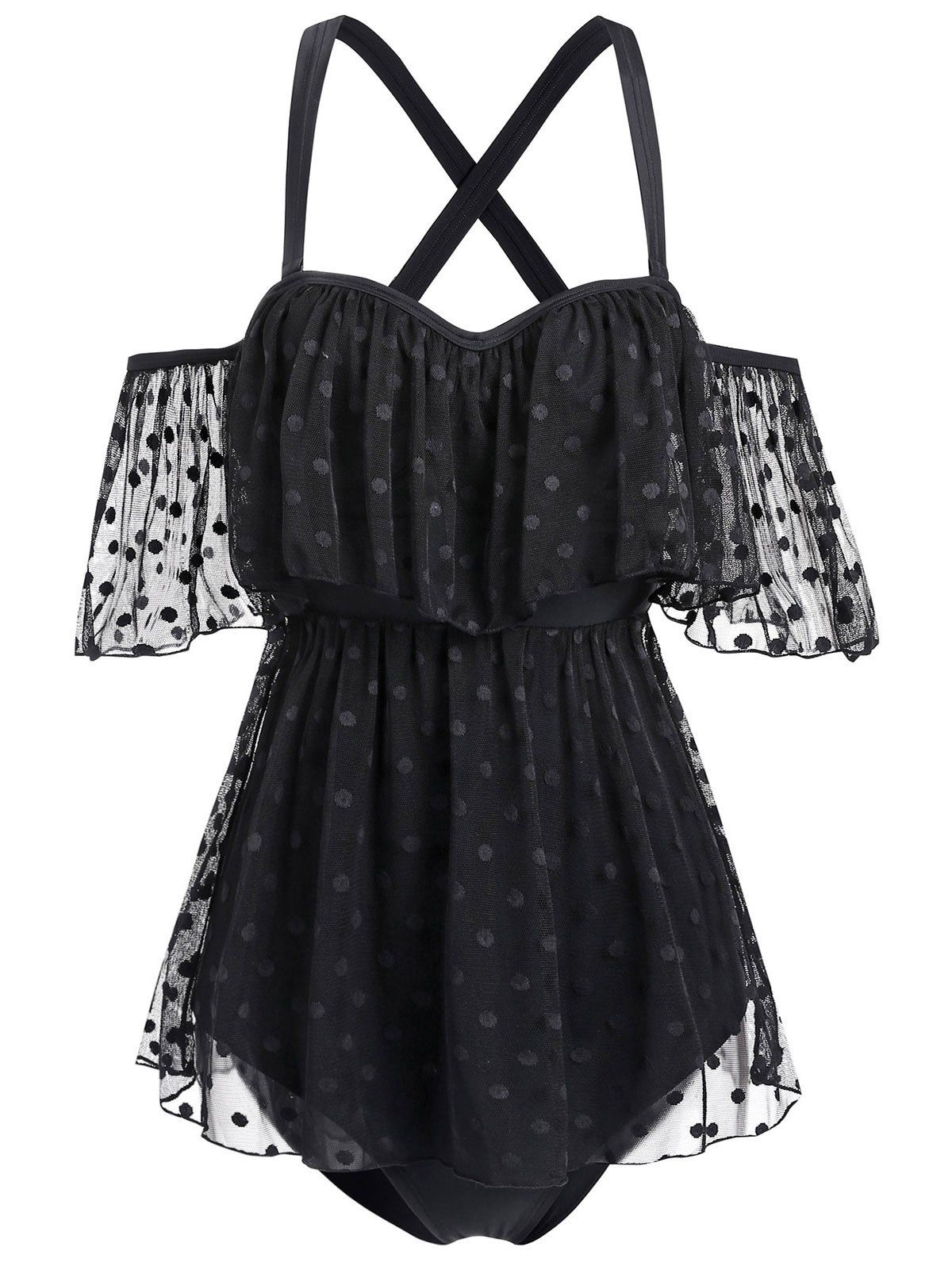 

Cold Shoulder Ruffled Mesh Insert One-piece Swimsuit, Black
