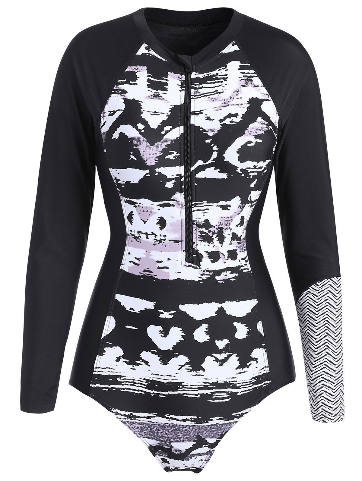 

Long Sleeve Printed Half Zipper One-piece Swimwear, Black