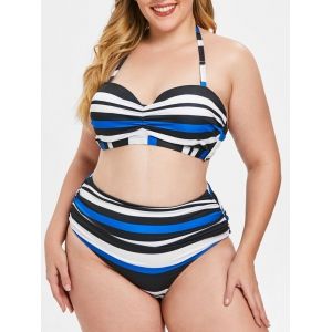 

Halter Neck Plus Size Striped Panel Bikini Set, Multi
