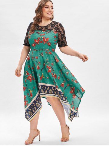 

Floral Print Back Cut Out Plus Size Asymmetrical Dress, Green