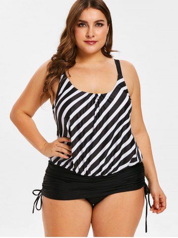 

Striped Panel Plus Size Side Drawstring Swimwear, Black