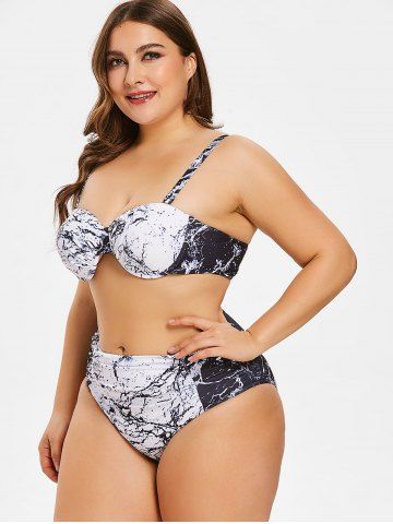 

Plus Size Marble Print High Rise Bikini Set, Black