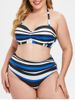 Halter Neck Plus Size 1950s Striped Panel Bikini Set -  