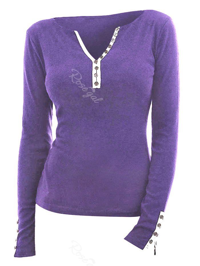 

V Neck Plus Size Button Embellished T-shirt, Purple