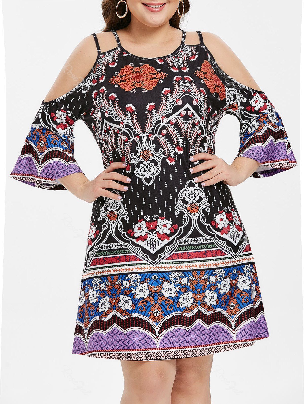 

Open Shoulder Plus Size Tribe Print Shift Dress, Black