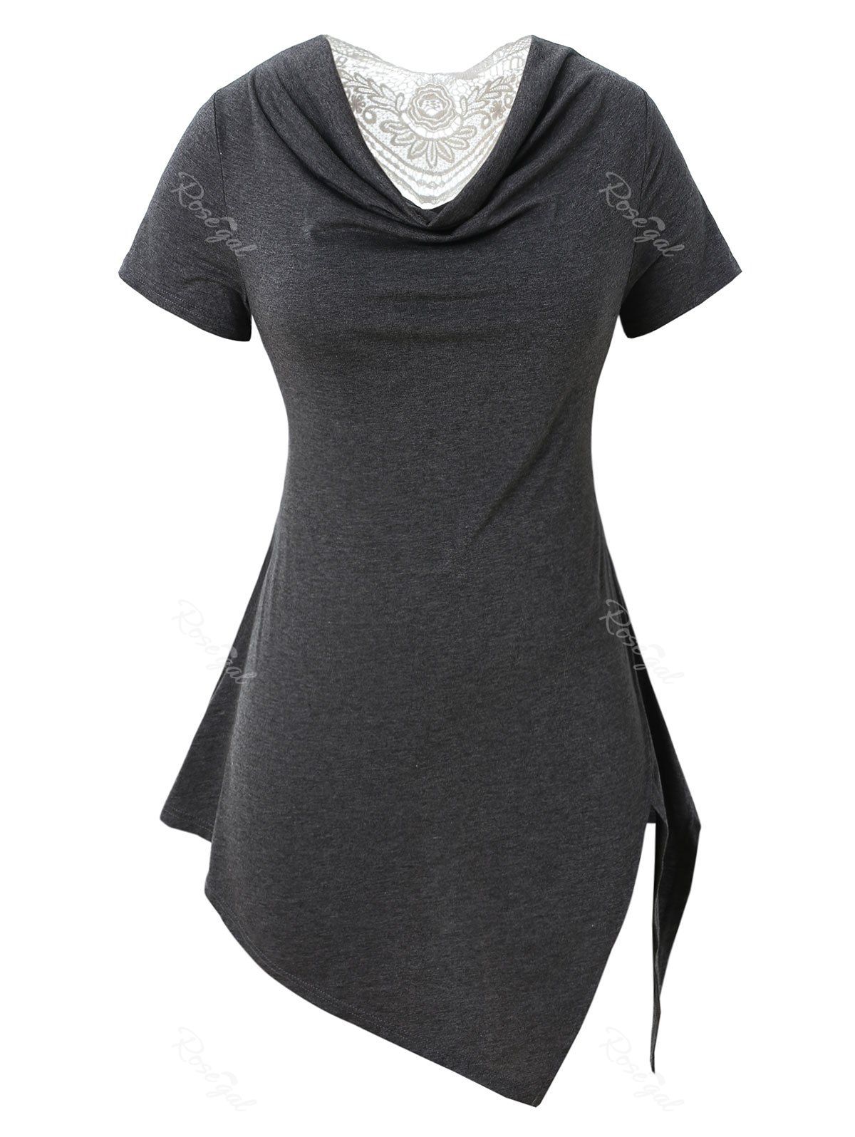 

Plus Size Lace Insert Split Asymmetrical T Shirt, Carbon gray