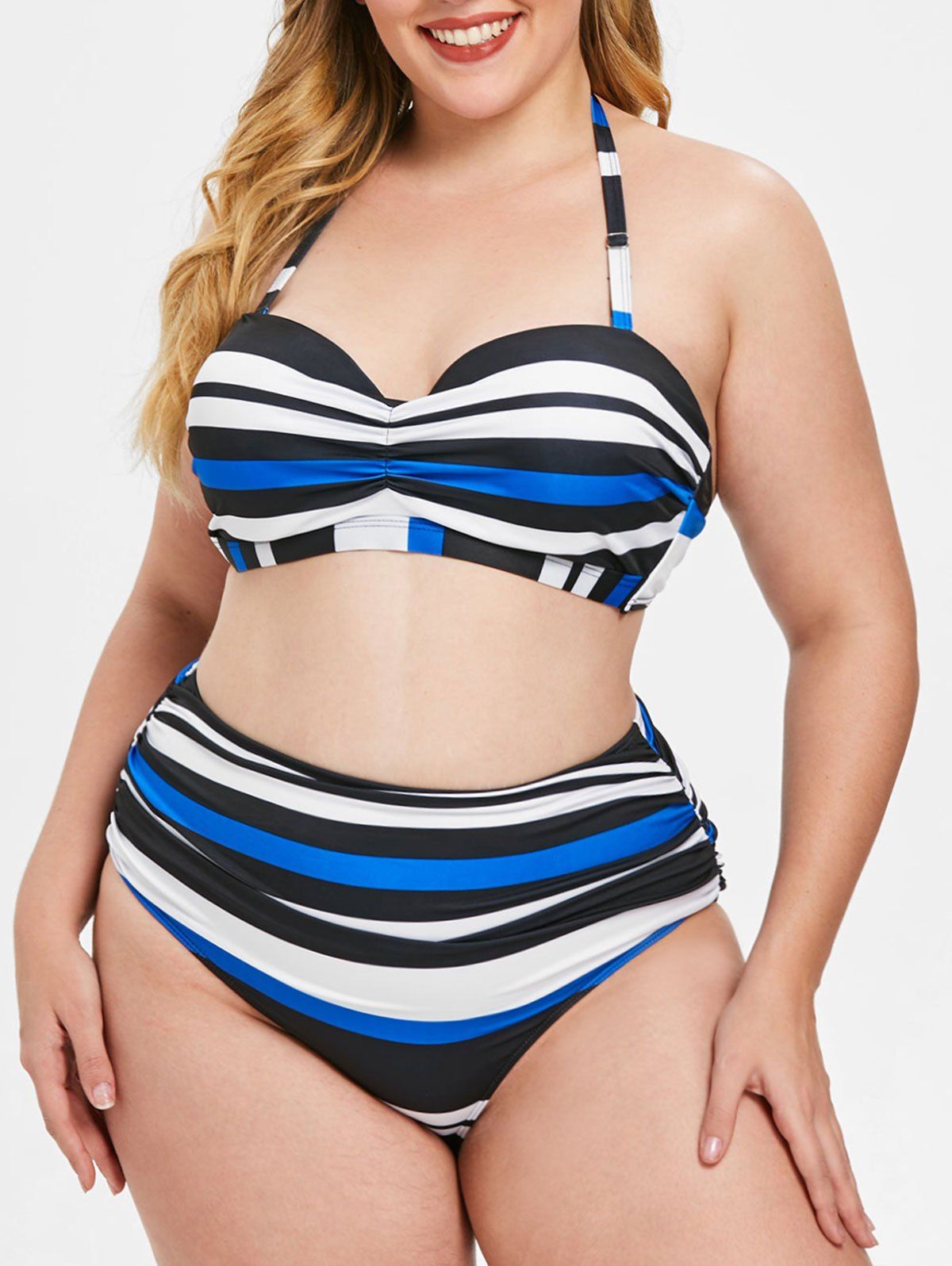 Discount Halter Neck Plus Size 1950s Striped Panel Bikini Set  