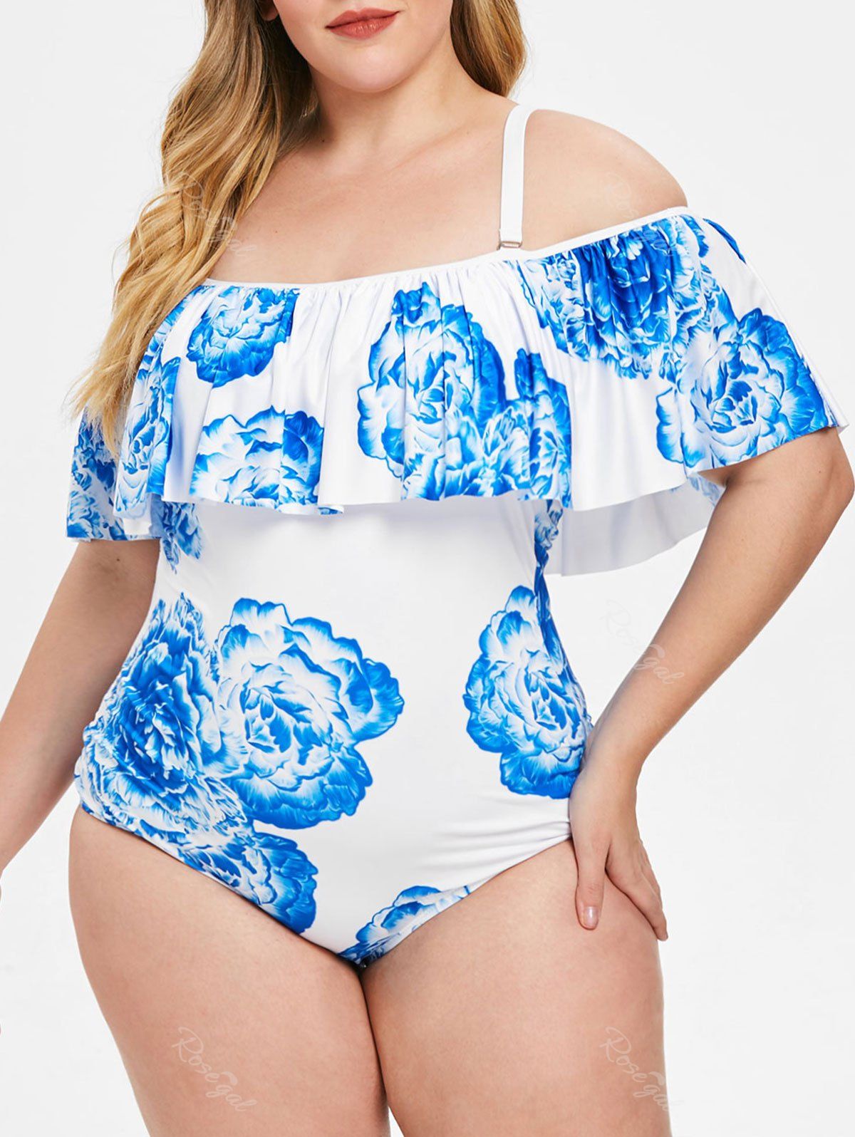 

Floral Print Plus Size Ruffle Insert Swimwear, White