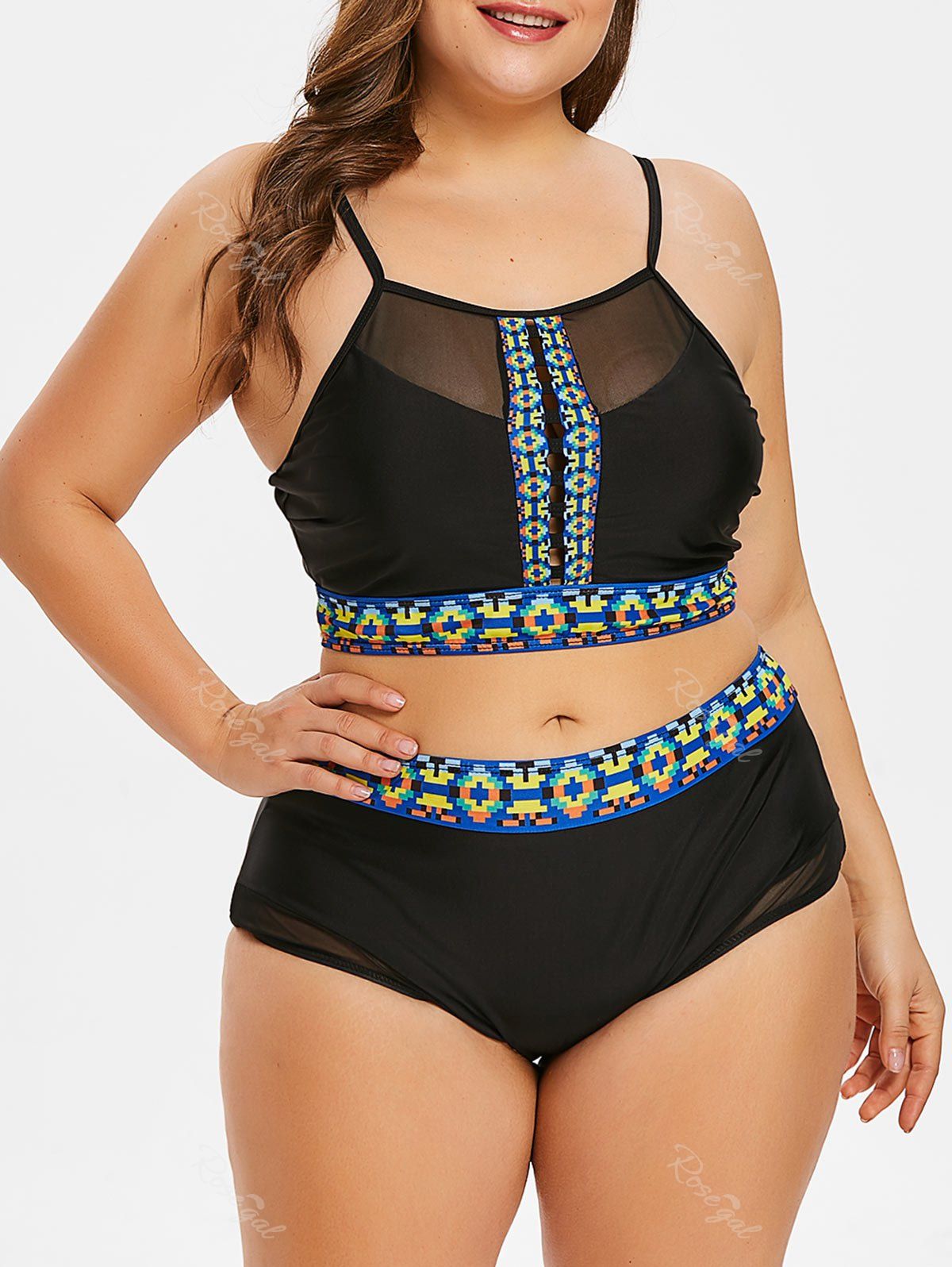 

Plus Size Padded Contrast Trim Bikini Set, Black