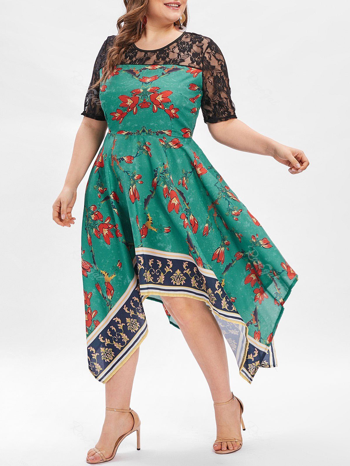 

Floral Print Back Cut Out Plus Size Asymmetrical Dress, Green