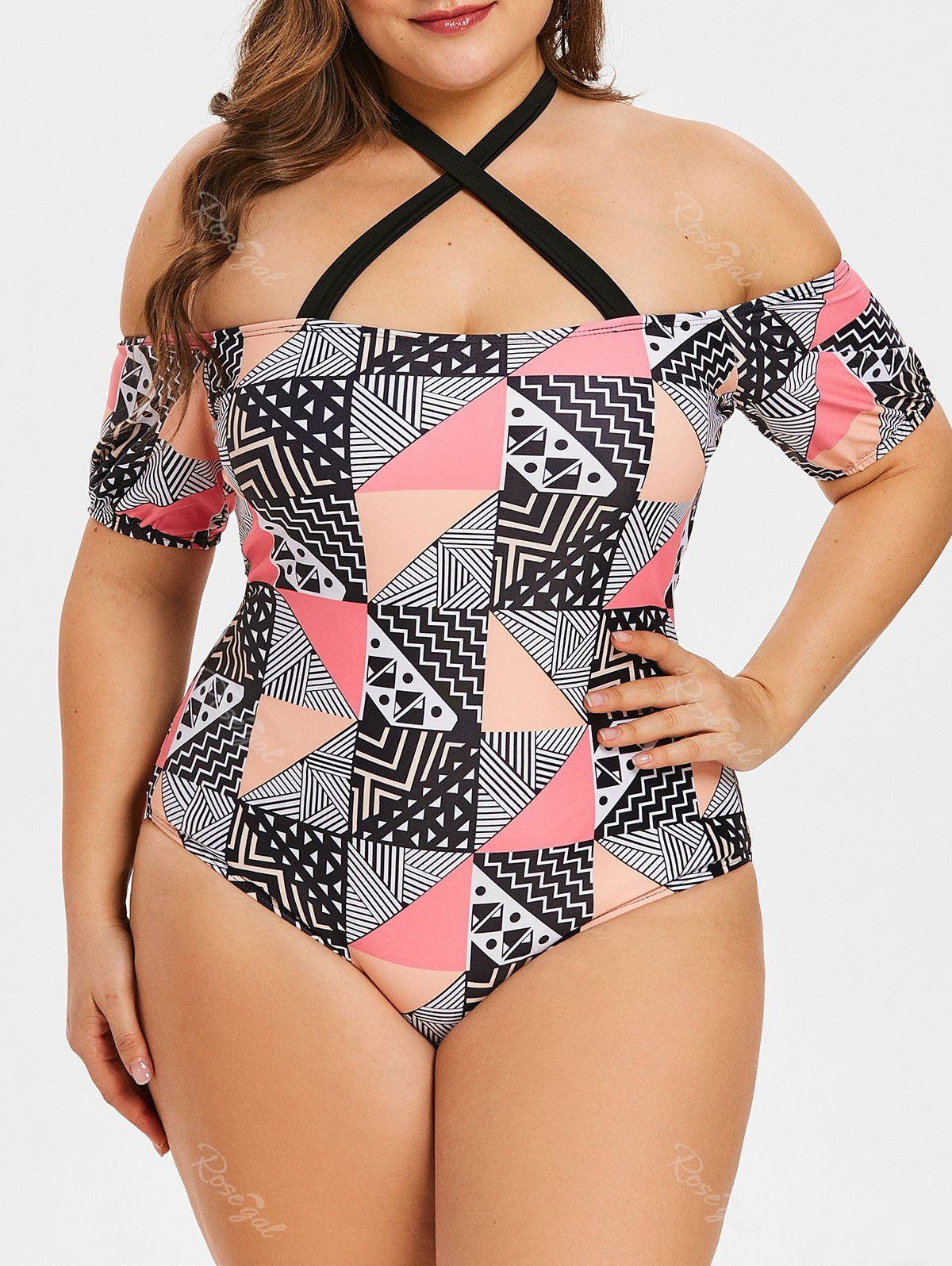 

Geometric Plus Size Halter Cross Swimsuit, Multi-a