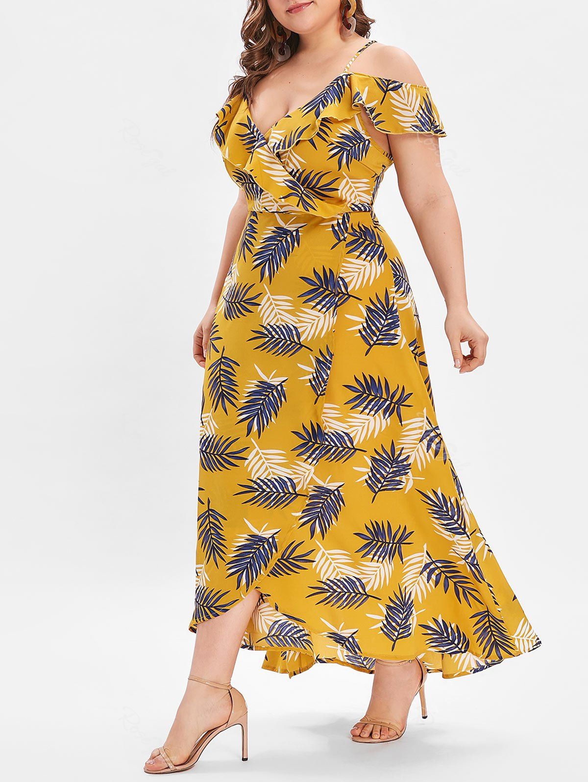 

Plus Size Cold Shoulder Leaves Print Midi Dress, Bee yellow