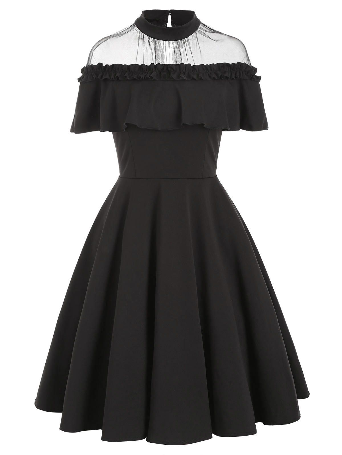 

Ruffle Mesh Panel A Line Dress, Black