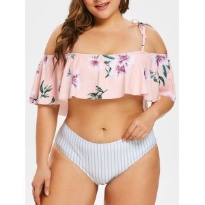 

Flounce Plus Size Flower Striped Bikini Set, Deep peach