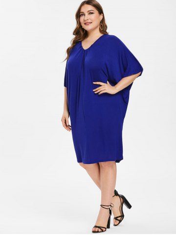 

Back Cut Out Plus Size V Neck Shift Dress, Deep blue