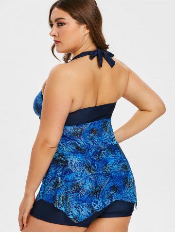 

Printed Plus Size Halter Neck Tankini Set, Blueberry blue