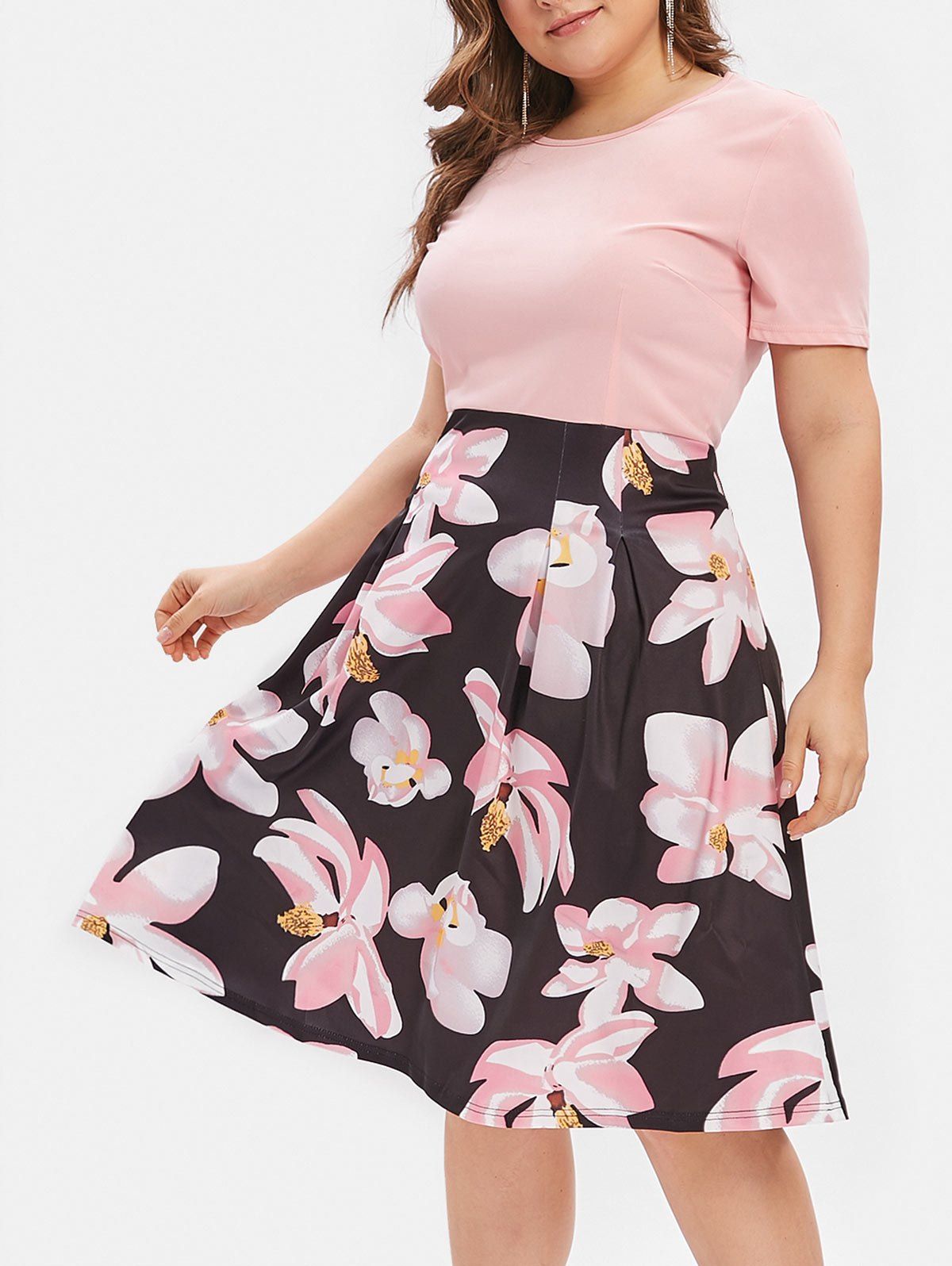 

Flower Plus Size Midi A Line Dress, Light pink