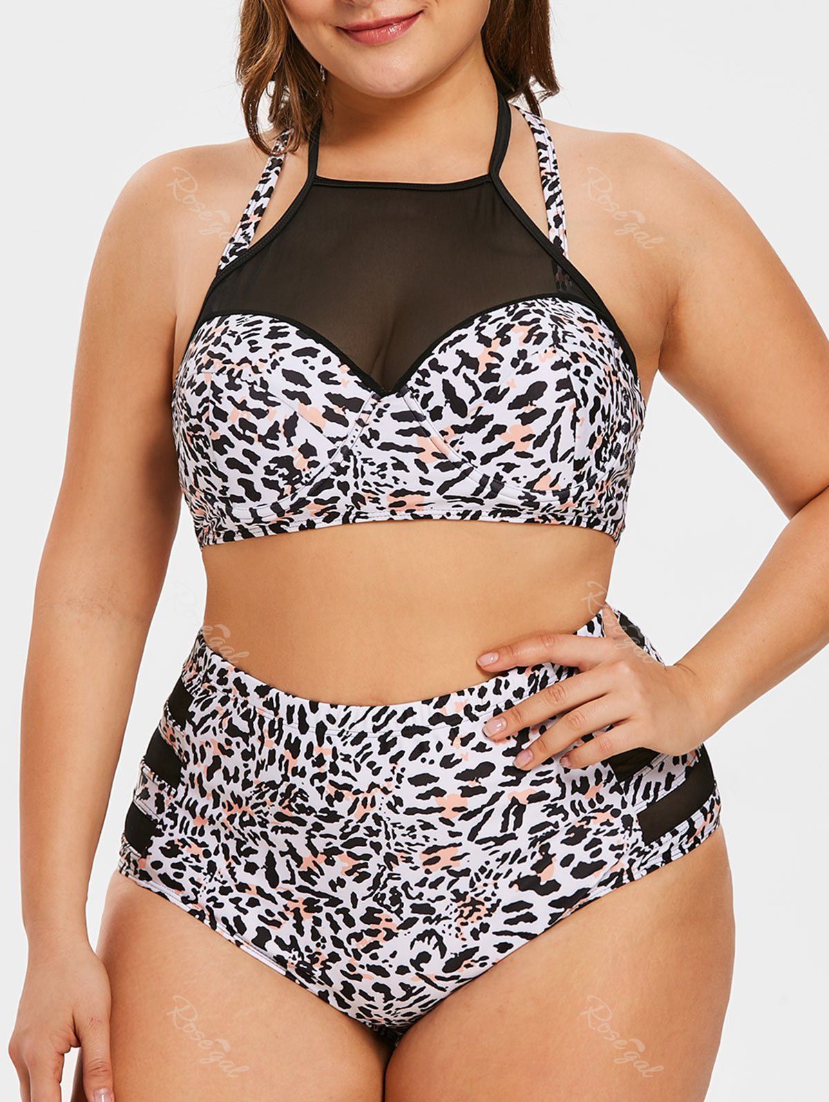 

Plus Size Underwire Leopard Print Bikini Set, White
