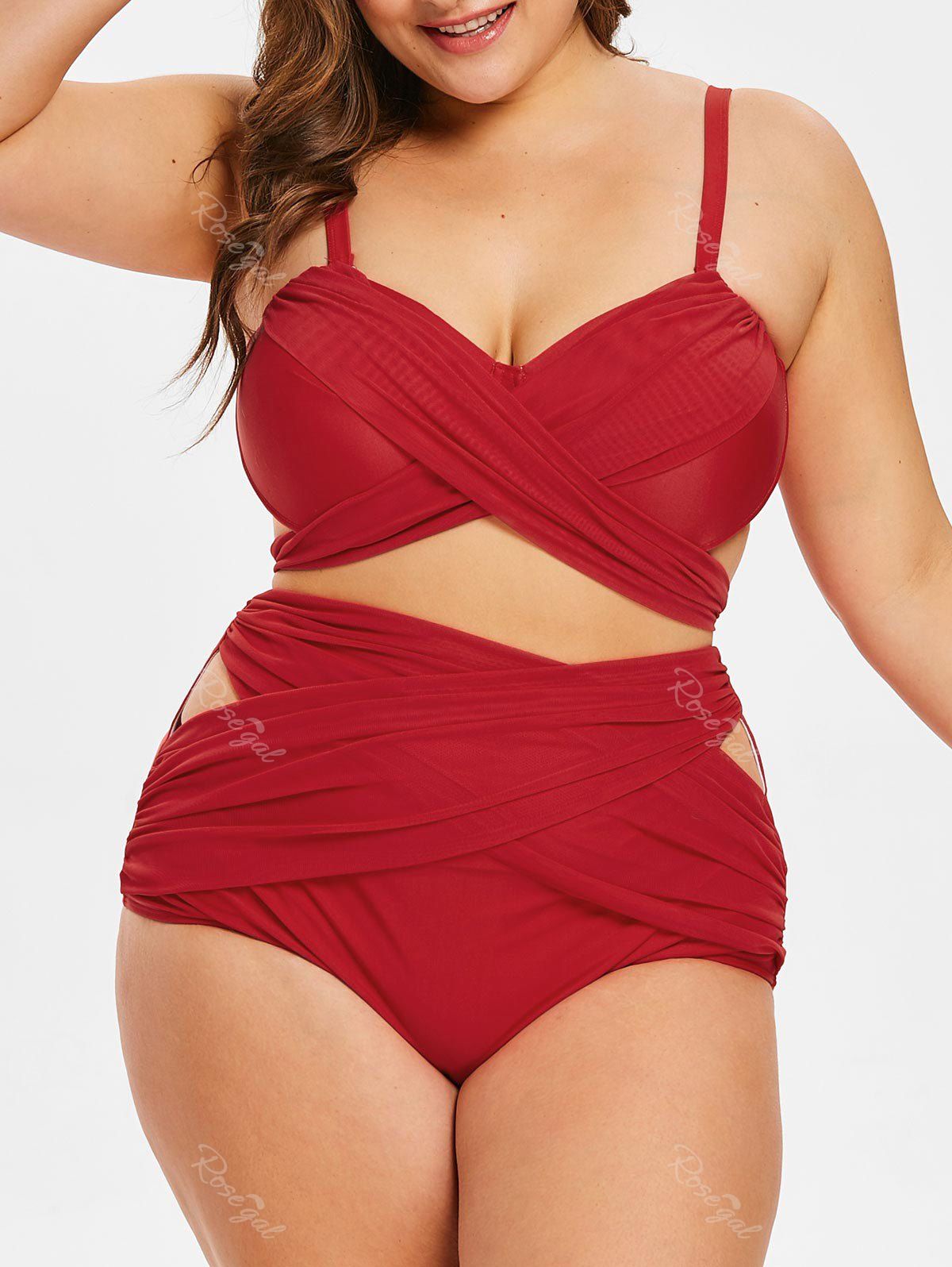 

Plus Size Mesh Panel Criss Cross Bikini Set, Red