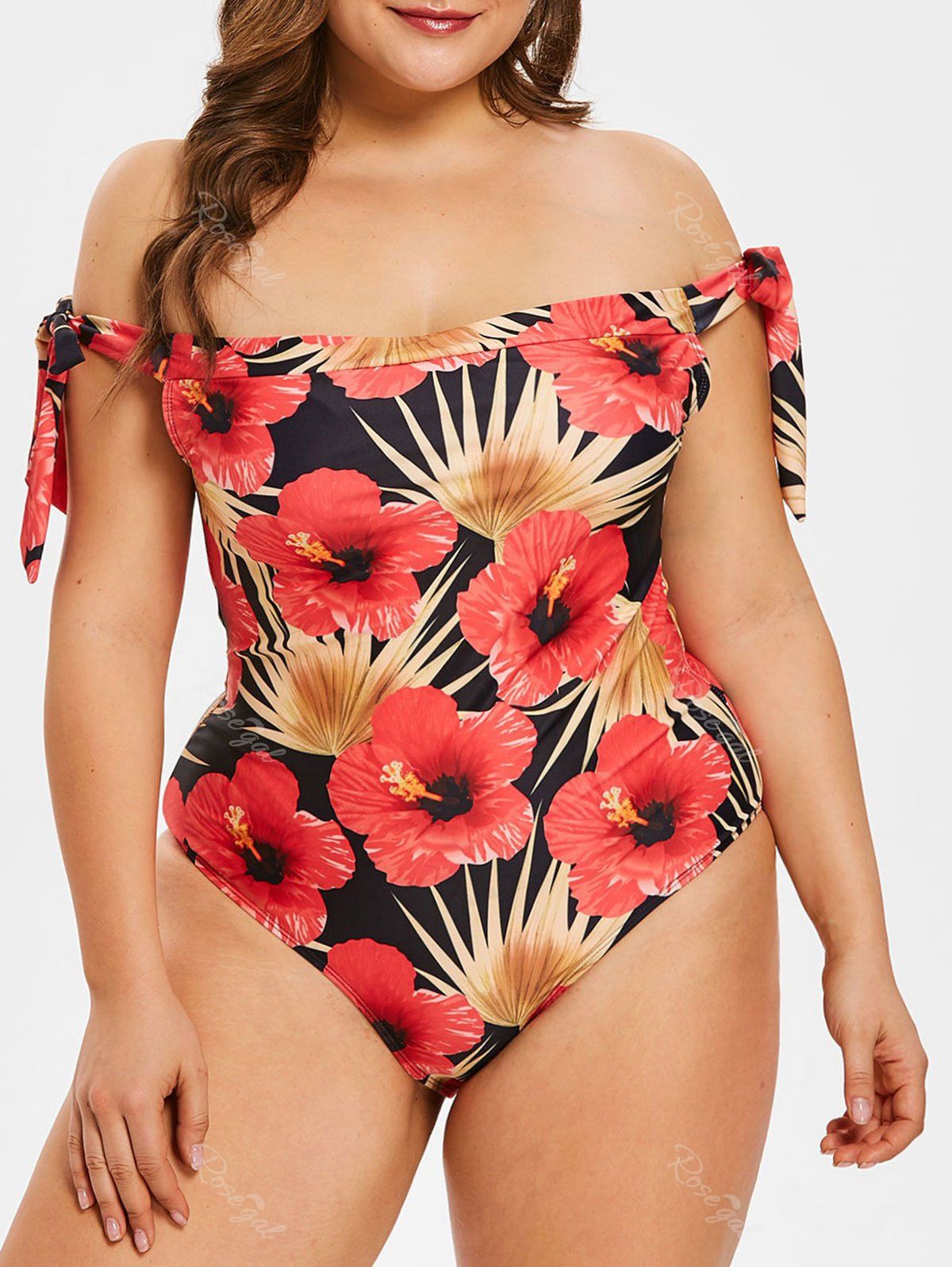 

Off The Shoulder Plus Size Floral Print Swimwear, Black