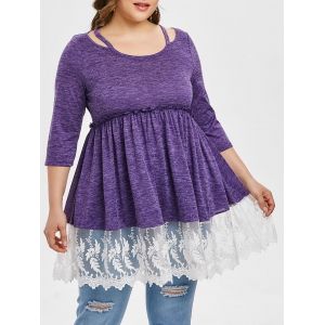 

Cut Out Lace Trim Space Dyed Plus Size T-shirt, Purple iris