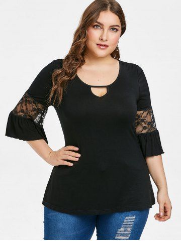 

Keyhole Lace Panel Plus Size T-shirt, Black