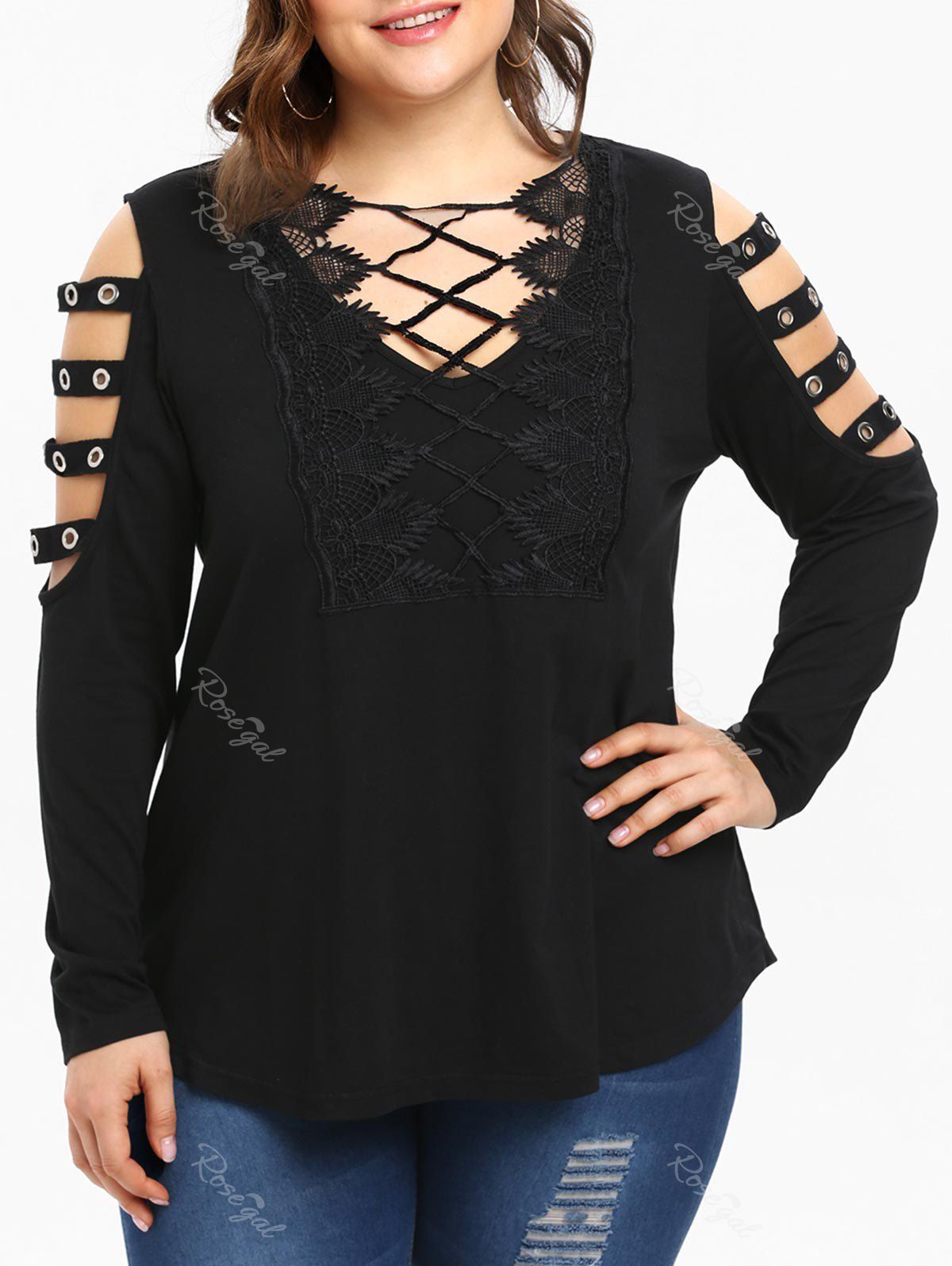 

Plus Size V Neck Lace Splicing Criss Cross Cut Out Sleeves Tee, Black