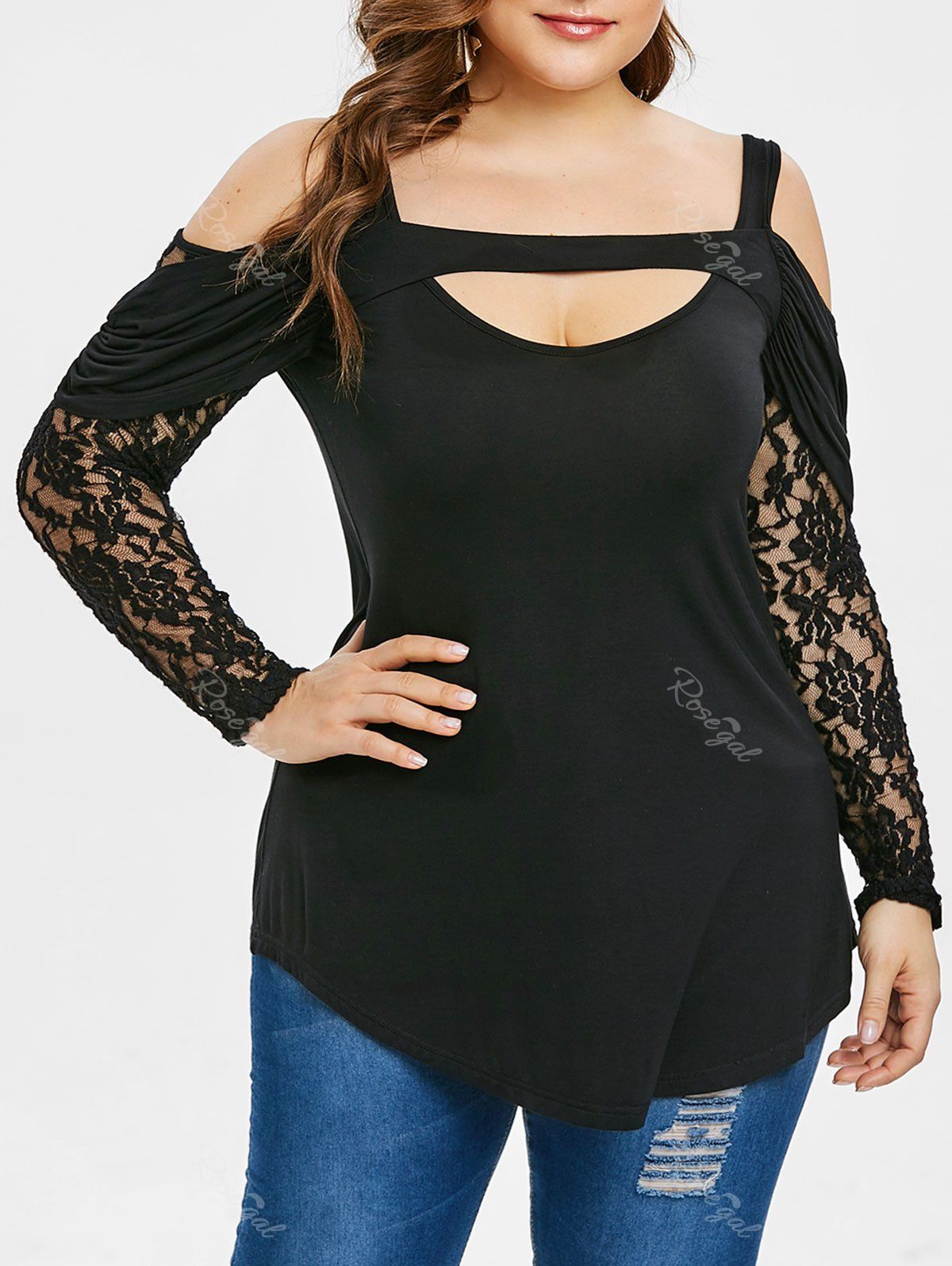 

Plus Size Cut Out Lace Cold Shoulder T-shirt, Black