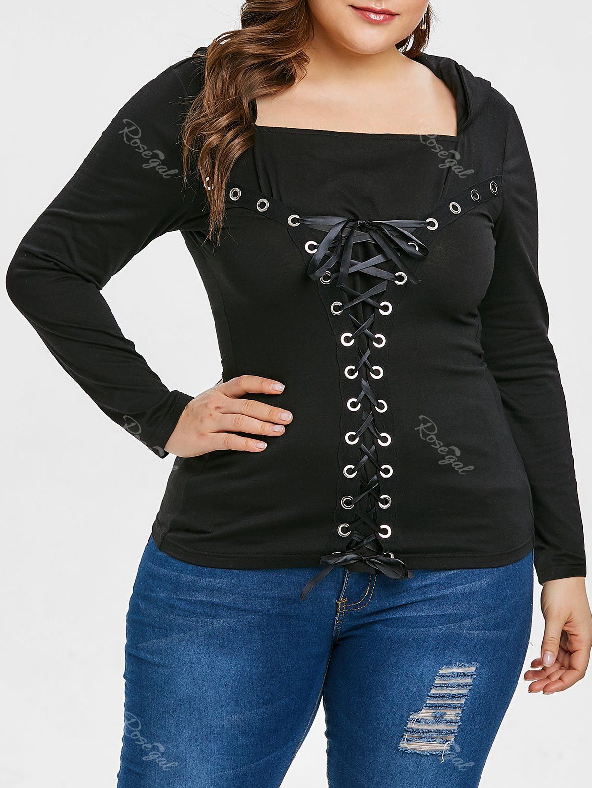 

Grommet Lace Up Plus Size T-shirt, Black