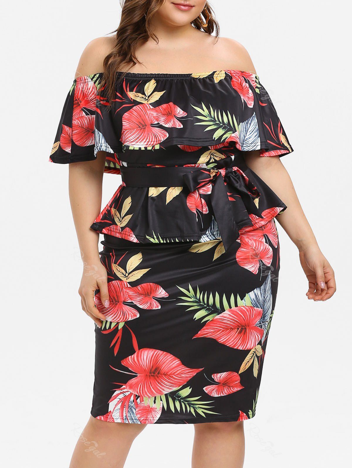 

Plus Size Layered Ruffle Floral Print Bodycon Dress, Black