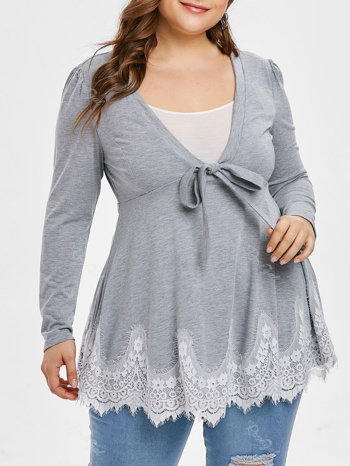 

Plus Size Tied Plunging Neck Applique Tunic T-shirt, Gray